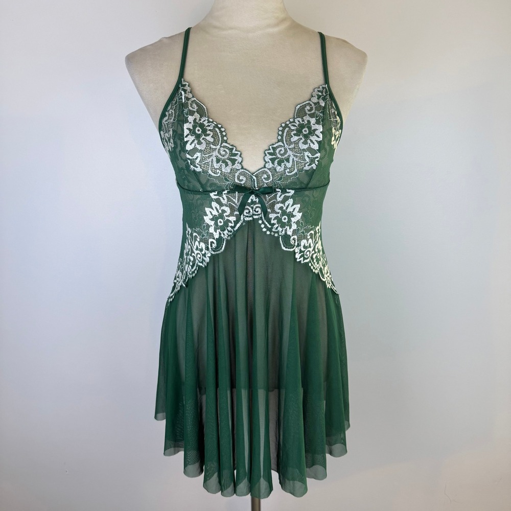 Avidlove Green Lace Mesh Babydoll Chemise Front Bow Cute Floral White Size Med